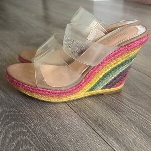Juicy Couture Cristene Lucite/Rainbow Studded Wedge Sandals